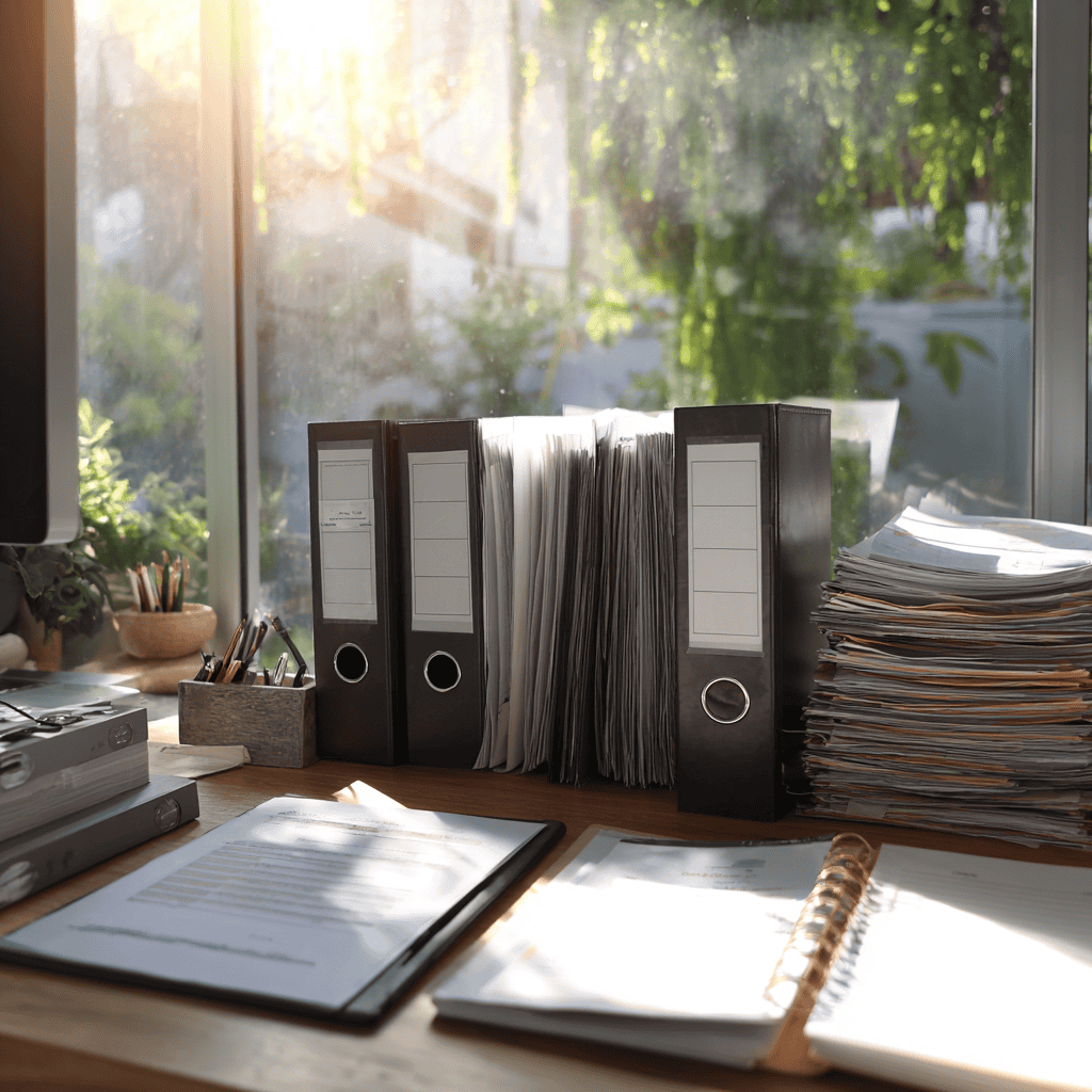 An illustration showing smart use of vertical space on a desk with shelves